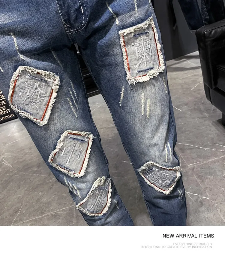 Multi Squares Patched Hip Hop Ripped Style Men Jeans