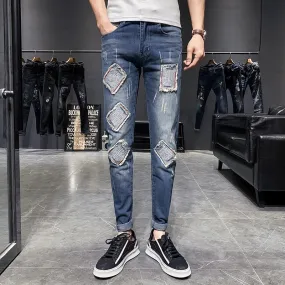 Multi Squares Patched Hip Hop Ripped Style Men Jeans