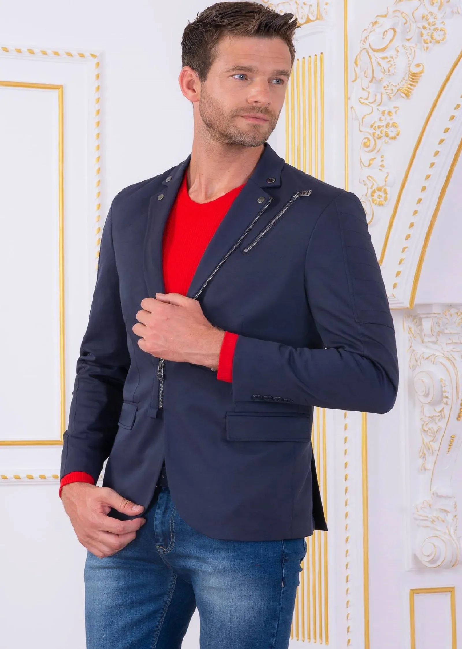 Navy Front Zipper Tech Blazer