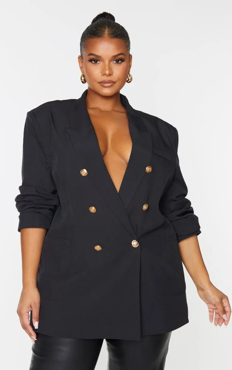 Plus Size Black Military Button Detail Blazer