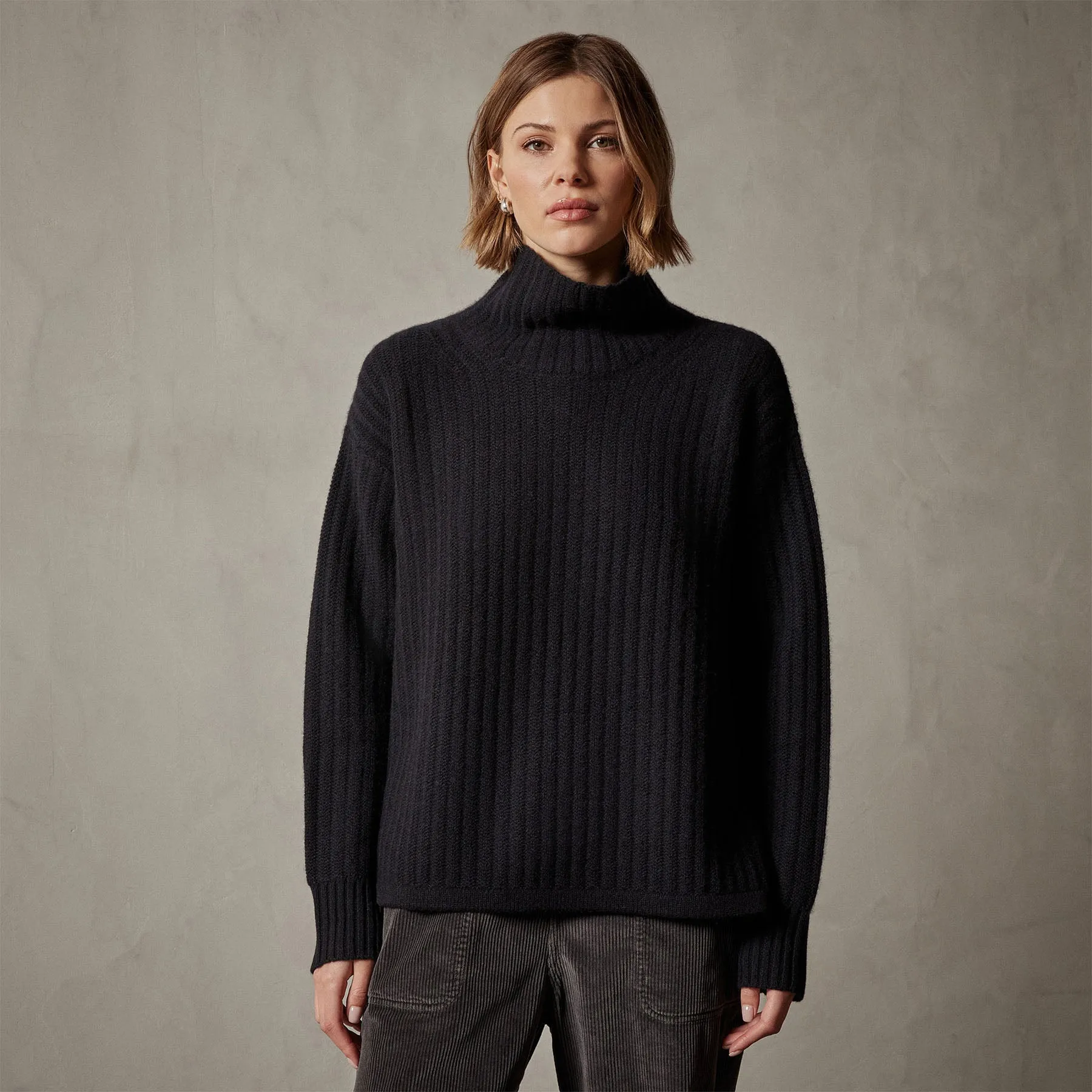 Ribbed Cashmere Funnel Neck - Black