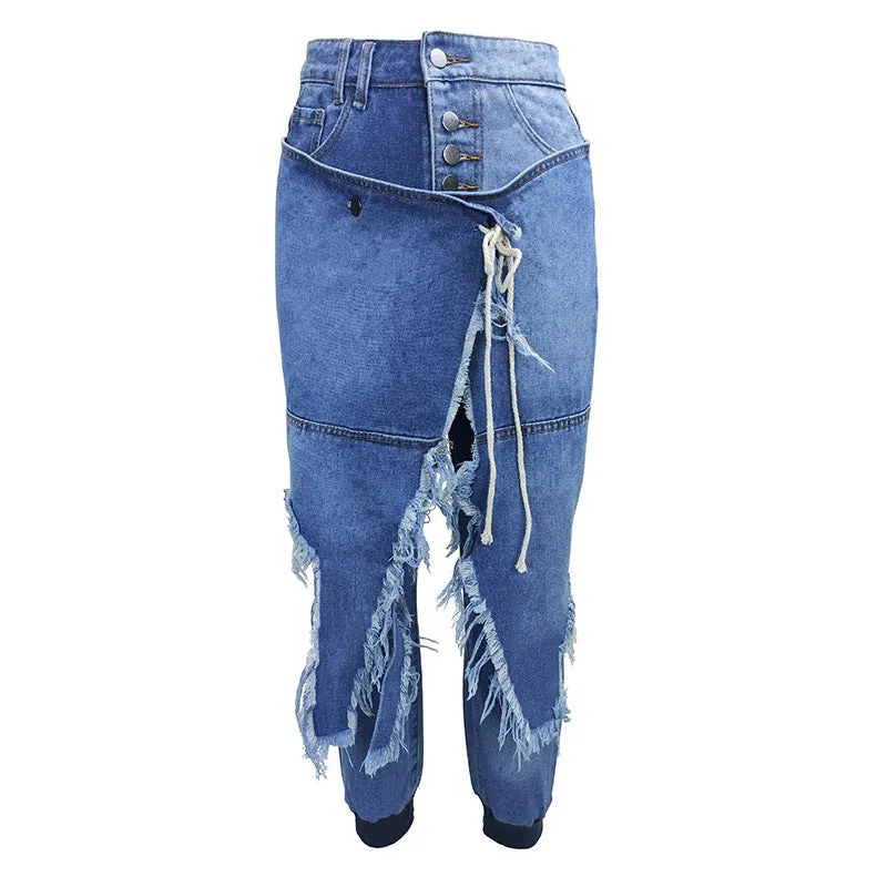 Ripped Lace-up Threaded Jeans