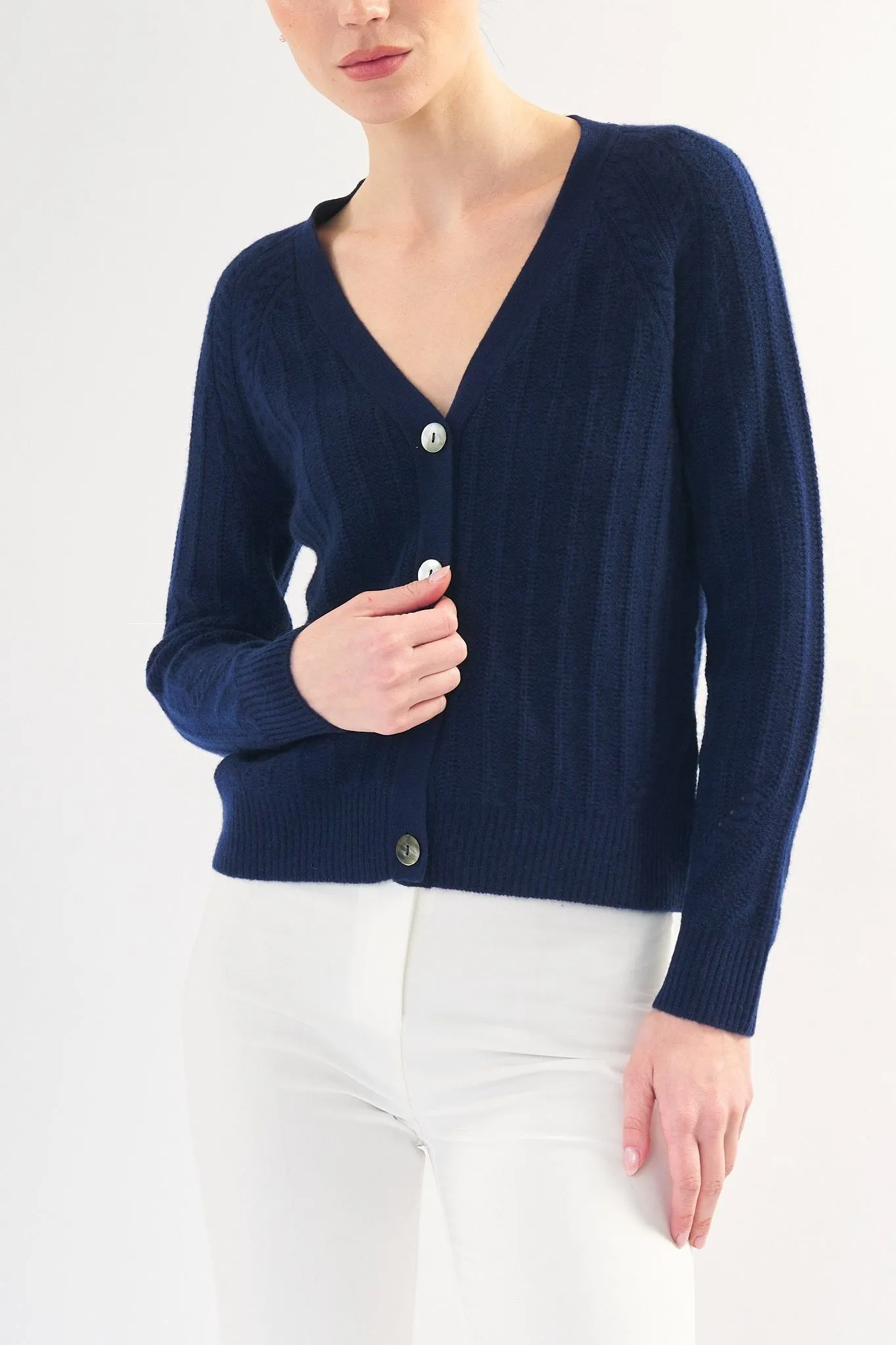 Robertson Madison 100% Cashmere Ribbed Cardigan CC-255 | Navy