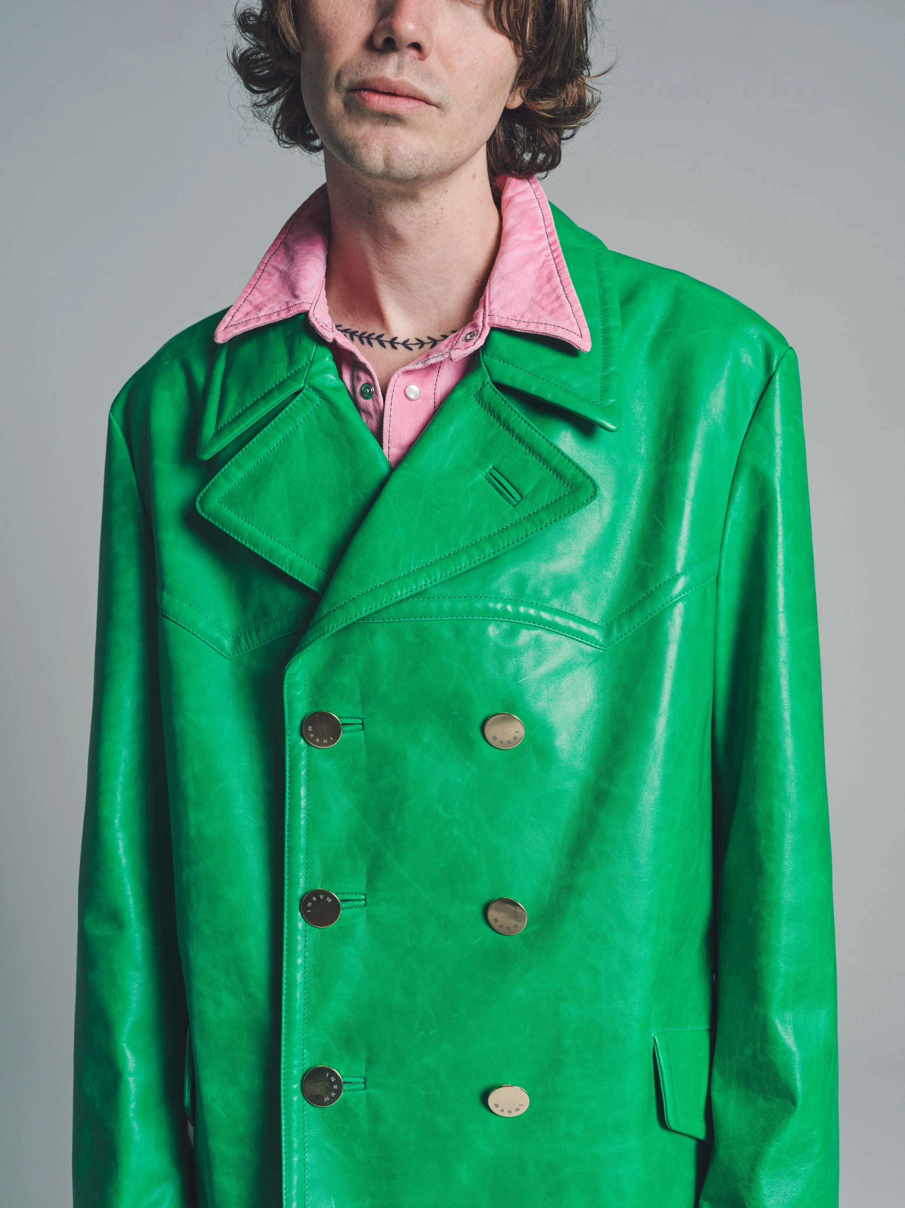 Shiny Green Leather Double Breasted Blazer