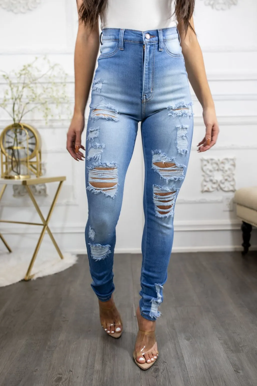 Super High Waisted Ripped Skinny Jeans