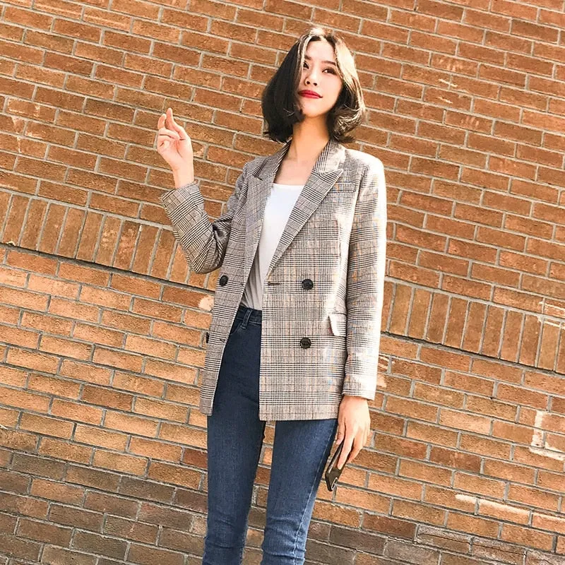 Vintage Female Double Breasted Plaid Blazer With Pockets For Spring