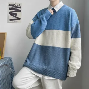 Wiaofellas Winter Men's Stripe Printing Knitting Long Sleeve Wool Sweaters Homme Round Neck Pullover Color Stitching Coats Size M-2XL