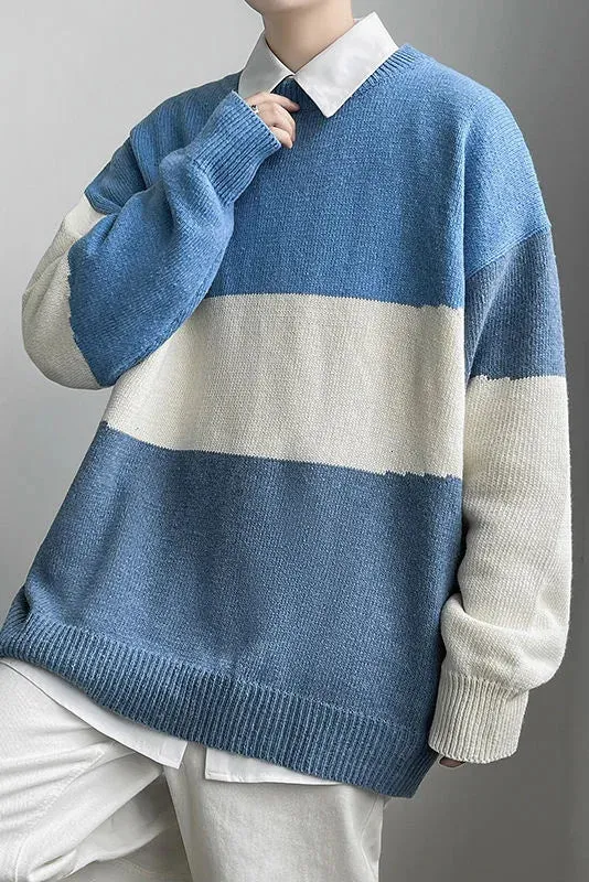 Wiaofellas Winter Men's Stripe Printing Knitting Long Sleeve Wool Sweaters Homme Round Neck Pullover Color Stitching Coats Size M-2XL