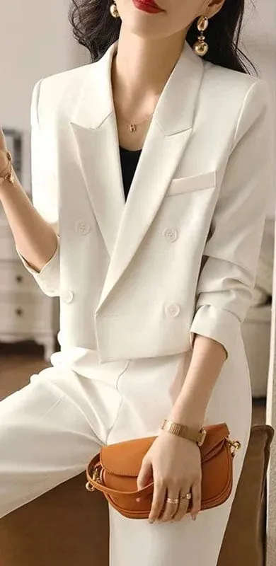 Women's Cropped Double-Breasted Blazer – Vintage Long Sleeve Office Suit Jacket