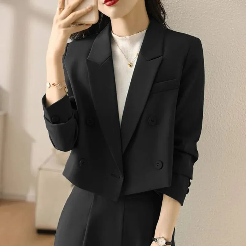 Women's Cropped Double-Breasted Blazer – Vintage Long Sleeve Office Suit Jacket