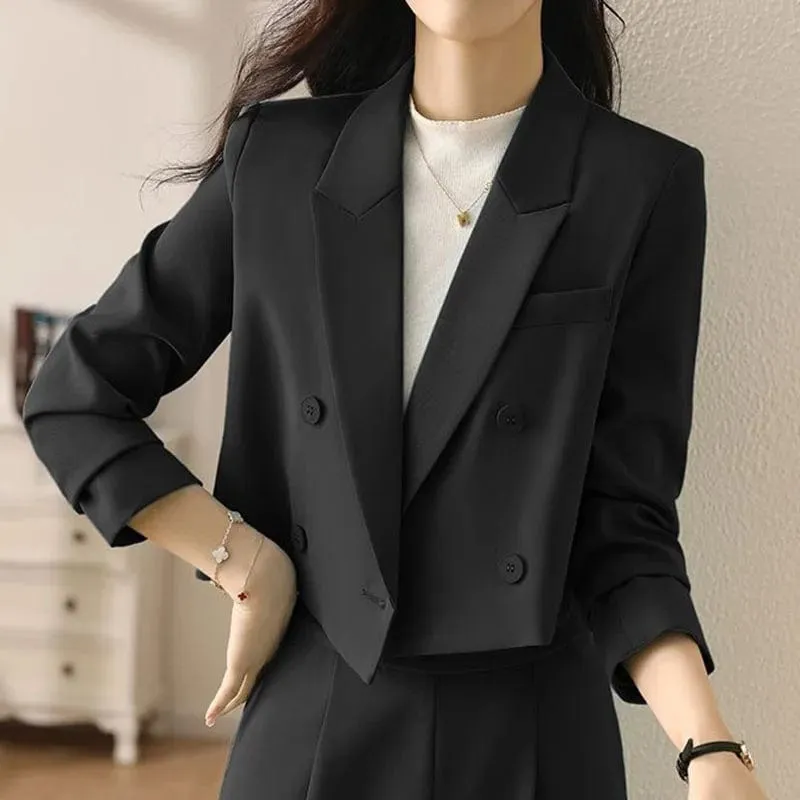 Women's Cropped Double-Breasted Blazer – Vintage Long Sleeve Office Suit Jacket