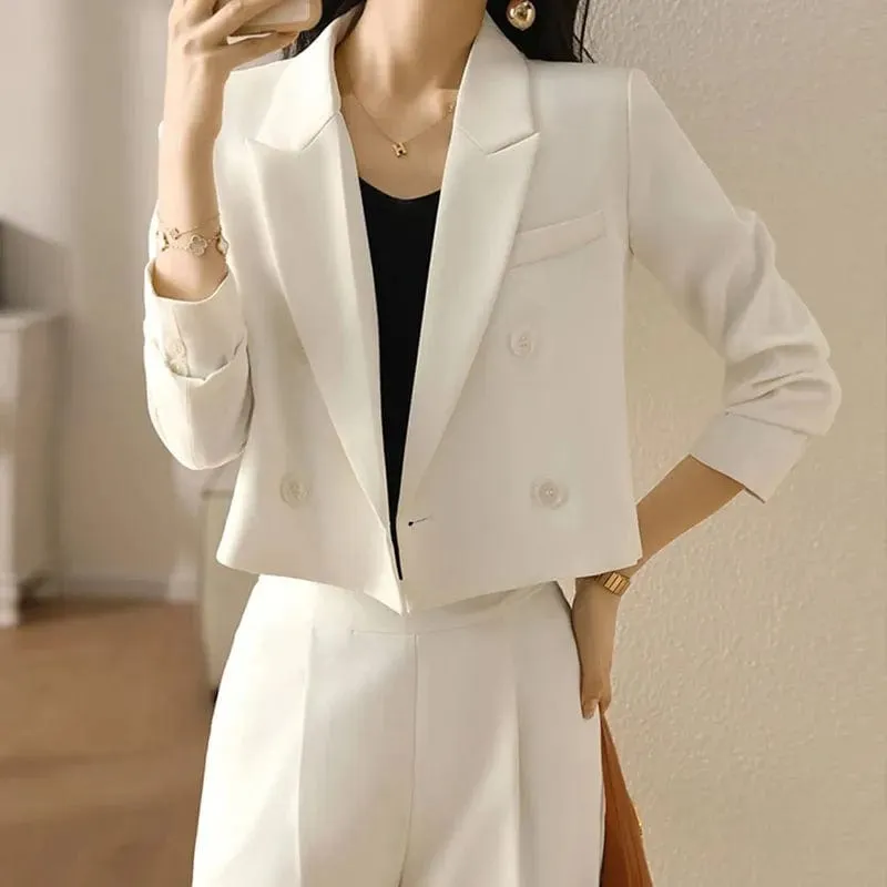 Women's Cropped Double-Breasted Blazer – Vintage Long Sleeve Office Suit Jacket