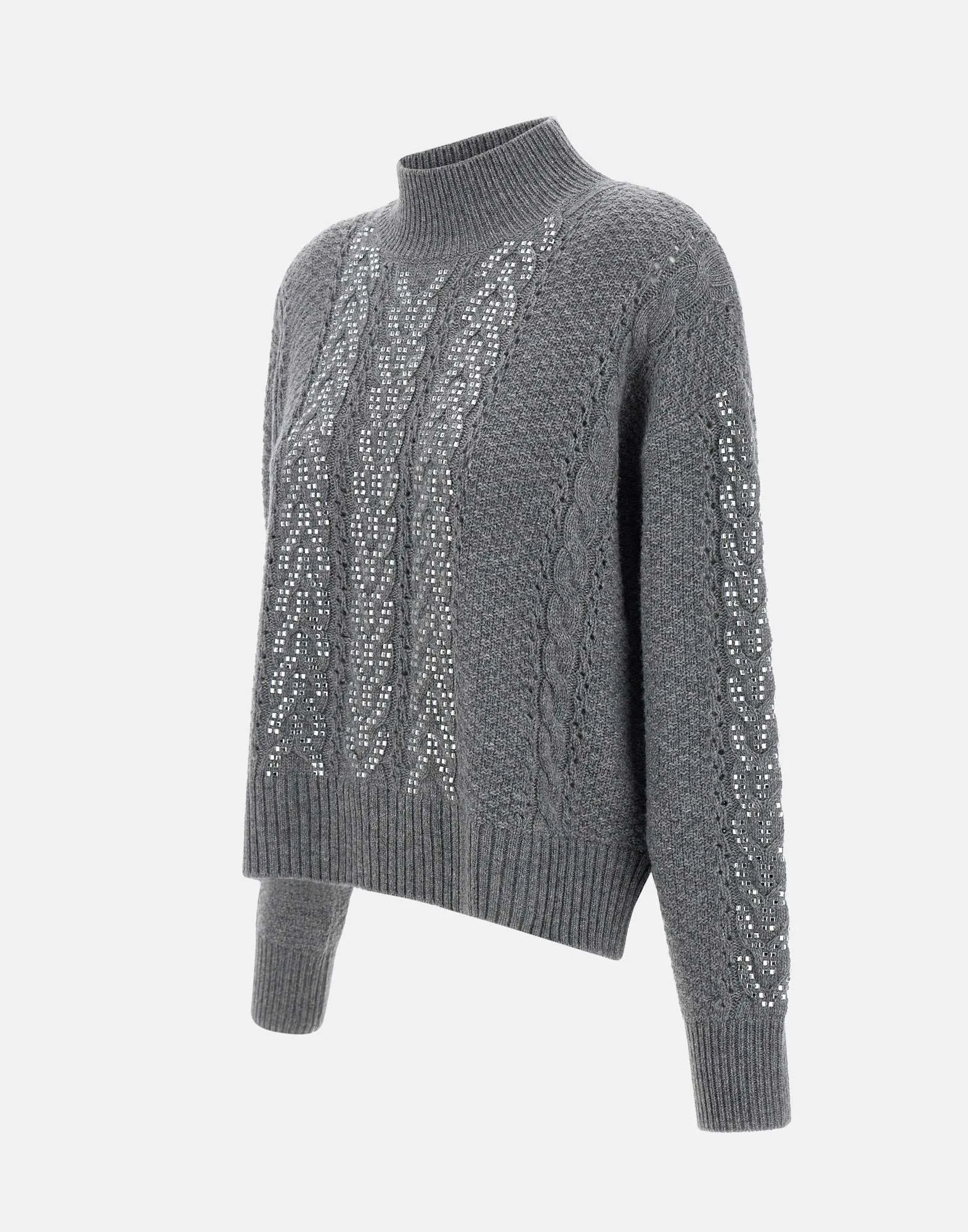 Wool-Blend Grey Funnel Neck Sweater